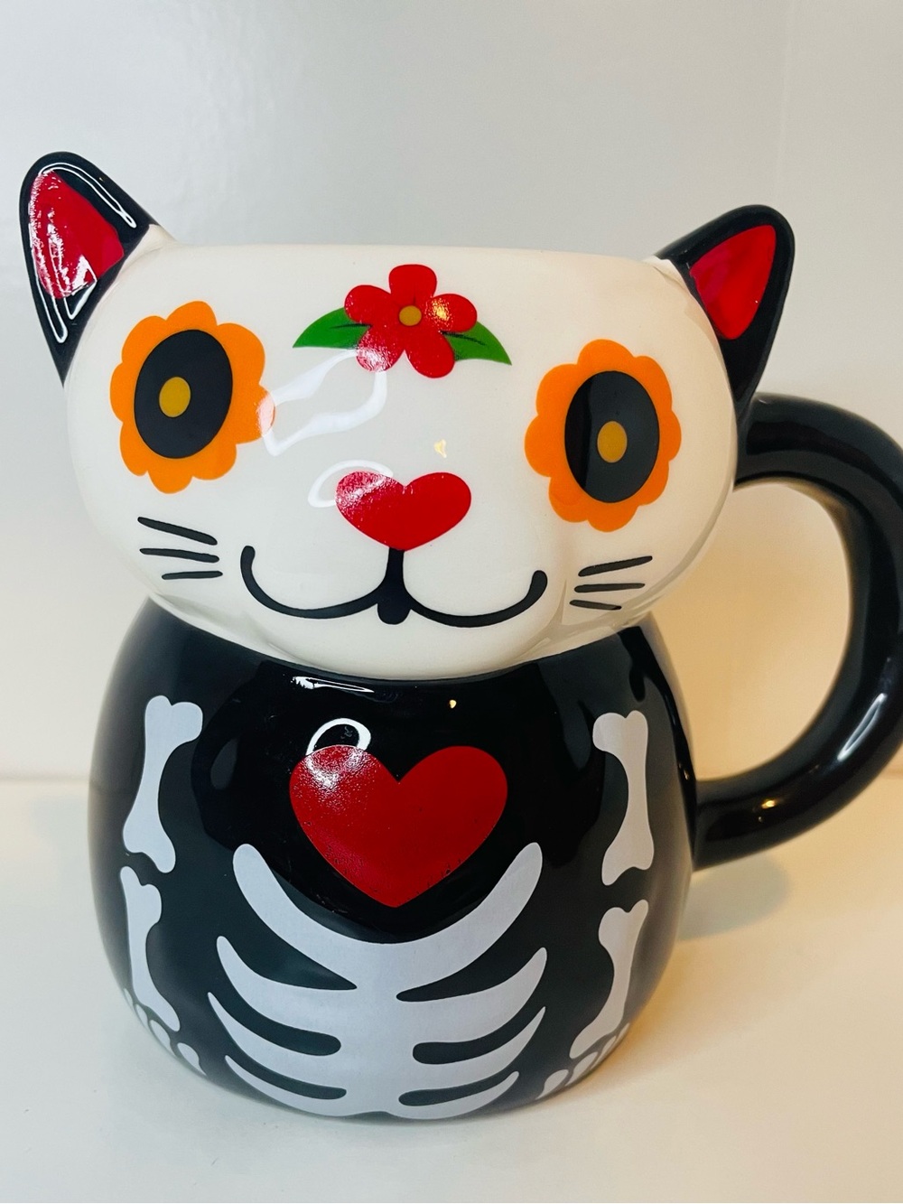 Black & White Cat Skeleton Mug with Red Heart and Orange Floral Eyes, Coffee Mug
